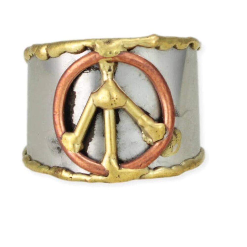 Mixed Metal Peace Sign Ring | Hammered Silver Band with Gold & Copper Boho Ring